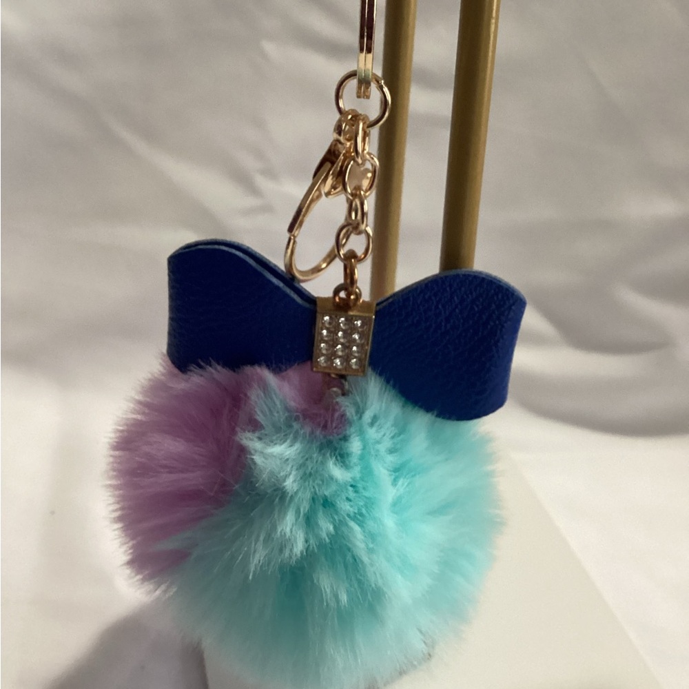 Blue and Purple Bow Keychain with Pom Pom